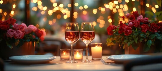 Romantic dinner setting with wine glasses, roses, and candles.