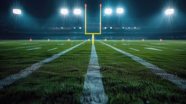 an American football field at night, illuminated by bright stadium lights. The grass is well-maintained and green, with white lines indicating the sides.