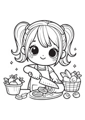 Girl pose cutting vegetables coloring page design 