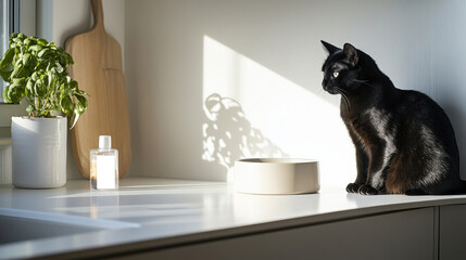 Black cat on white countertop with ceramic water bowl