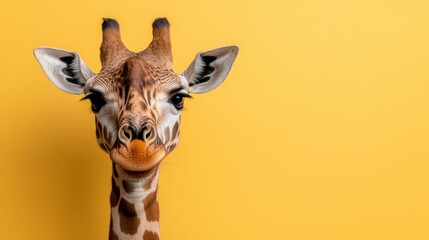 Obraz premium A quirky giraffe smirks playfully against a vibrant yellow background, combining whimsical animal charm with striking simplicity.