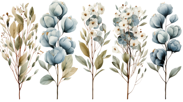 A soft watercolor arrangement of eucalyptus bouquets, ideal for botanical and artistic designs, isolated on transparent background.