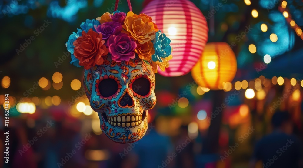 Wall mural A vibrant and colorful sugar skull with a floral headdress hanging from paper lanterns at an outdoor Day of the Dead festival