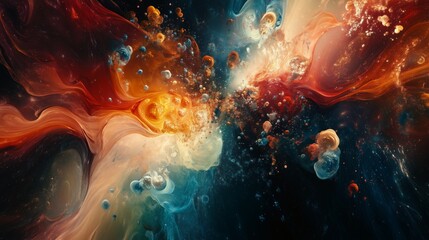 Abstract Artwork Depicting Cosmic Explosion with Vibrant Colors and Celestial Forms Impacting in Space