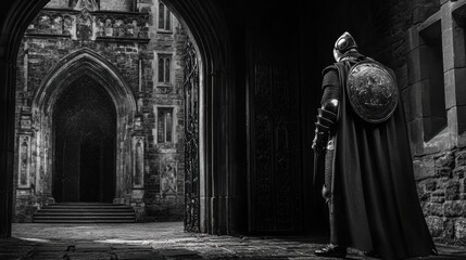 Naklejka premium Knight wearing a red cape stands before an ancient castle on a cloudy day with dramatic lighting in a fantasy landscape