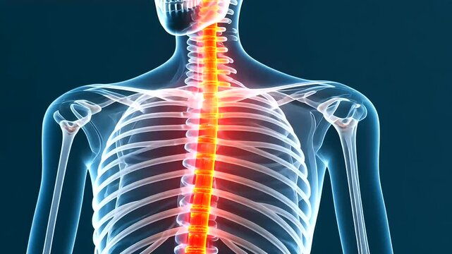 X-ray of a human shoulder and upper chest area on a blue background, with red and yellow highlights on the shoulder joint, collarbone, and surrounding bones.