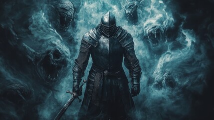 Fototapeta premium Mysterious cloaked figure stands amid swirling smoke and shadows in a dramatic, mystical atmosphere