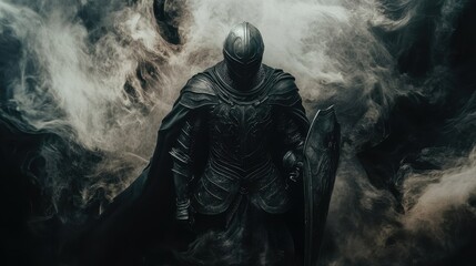 Mysterious cloaked figure stands amid swirling smoke and shadows in a dramatic, mystical atmosphere