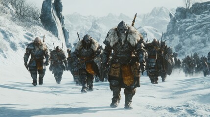 Fototapeta premium A legion of armored warriors marches through a snowy mountainous landscape
