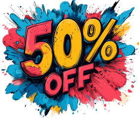 Dynamic 50% OFF banner with vibrant paint splatter, graffiti-style 3D text, blue and pink bursts, pop art aesthetic, PNG transparent for advertising visuals