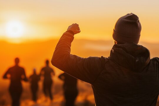 High-energy outdoor bootcamp training sunrise landscape group activity motivational environment dynamic viewpoint fitness concept