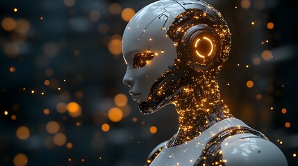 Creative visualization of intelligent automation with glowing tech layers and humanoid AI robots, futuristic style, wide angle