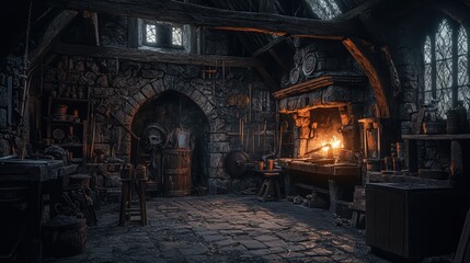 Fototapeta premium Rustic forge interior showcasing medieval craftsmanship with tools and glowing furnace