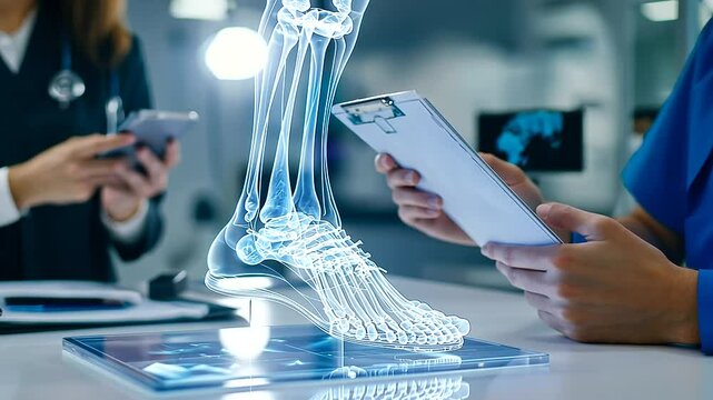 Close-up of a podiatrist adjusting a foot skeleton model to showcase arch structure, explaining its relevance to a patient&rsquo;s injury while an assistant takes notes.