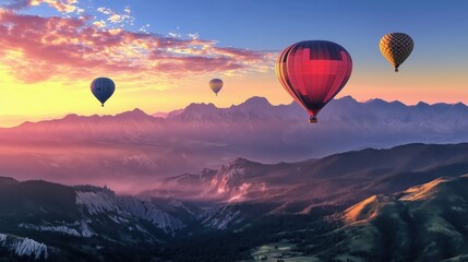 Obraz premium Colorful hot air balloons soaring over a breathtaking mountain range at sunset, creating a stunning aerial view filled with adventure and tranquility