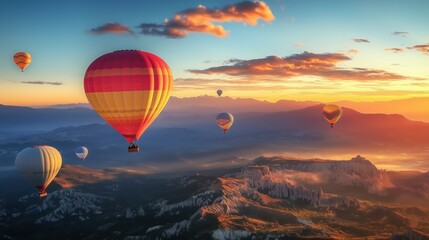 Obraz premium Hot air balloons soaring gracefully over the stunning landscape of cappadocia, turkey, during a breathtaking sunrise, create a mesmerizing and colorful view filled with adventure