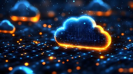 Obraz premium Cybersecurity concept with glowing cloud networks, shields, and data encryption layers, futuristic design, wide view