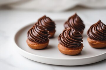A plate of small, chocolate-topped pastries arranged neatly.