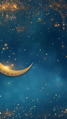 Fototapeta premium Golden Crescent Moon and Lanterns on a Blue Night Sky