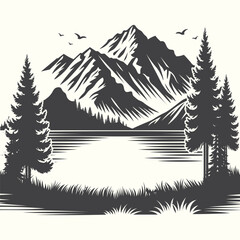 Minimalist wilderness art with mountain, lake, and forest scenery, perfect for outdoor themes.