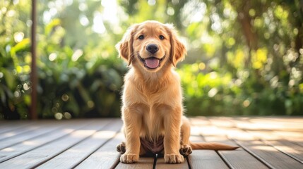Golden retriever puppy on sunlit wooden deck with greenery