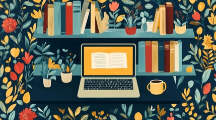 Cozy home office, bookshelves with colorful books and plants, open laptop with yellow screen, coffee mug, botanical art