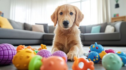 Golden retriever puppy with colorful toys in bright living room