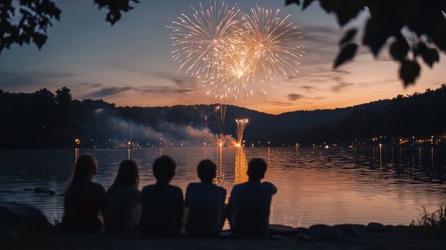  A group of friends watching fireworks by a lakeside. Night time