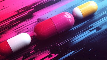 Colorful Abstract Capsule Shapes with Dynamic Brush Stroke Background in Vibrant Artistic Display for Medical and Pharmaceutical Themes
