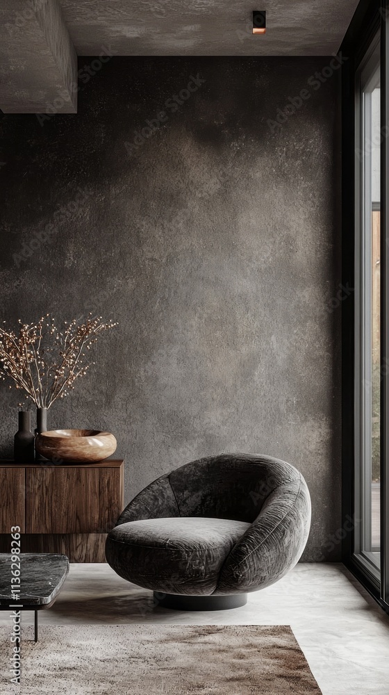 Poster a chair is sitting in front of a window with a vase of flowers on a table