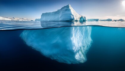 An iceberg floating in the ocean, with a small portion above water and a much larger portion submerged below