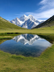 Mountains gleam in calm lake of green valley