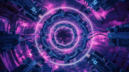 Fototapeta premium Abstract Futuristic Circuit Board Tunnel, Neon Purple and Blue Digital Art