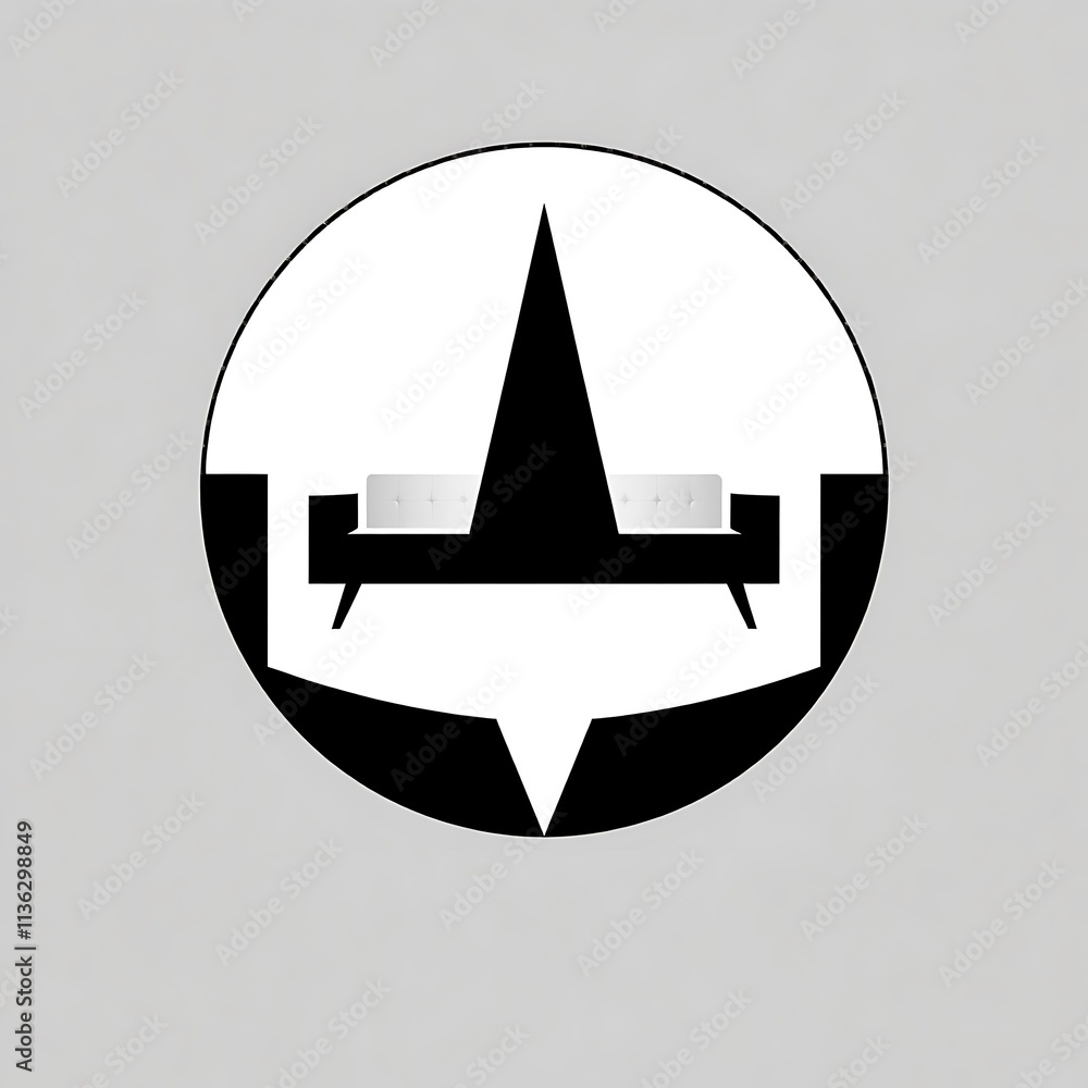 Poster abstract symbol: a circular, black and white graphic featuring a stylized geometric form with a tria