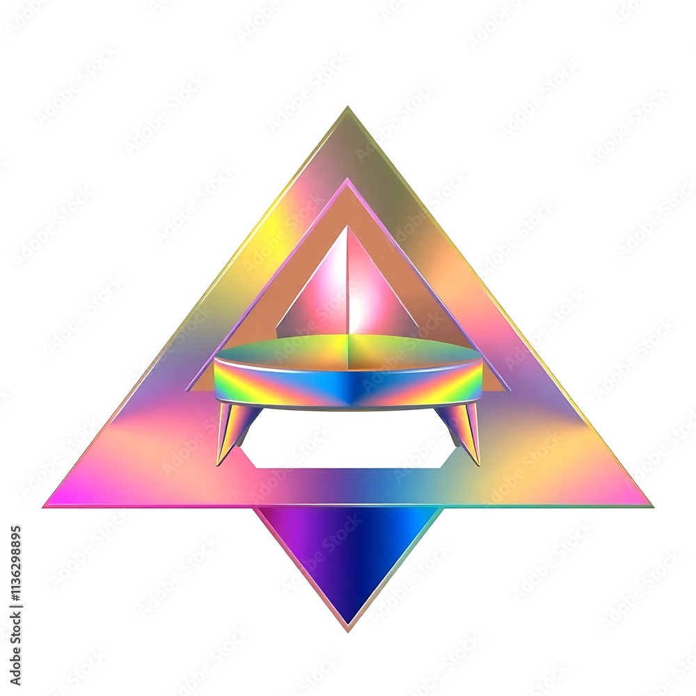 Poster holographic triangle podium: a vibrant, iridescent triangle podium with a circular platform rests wi