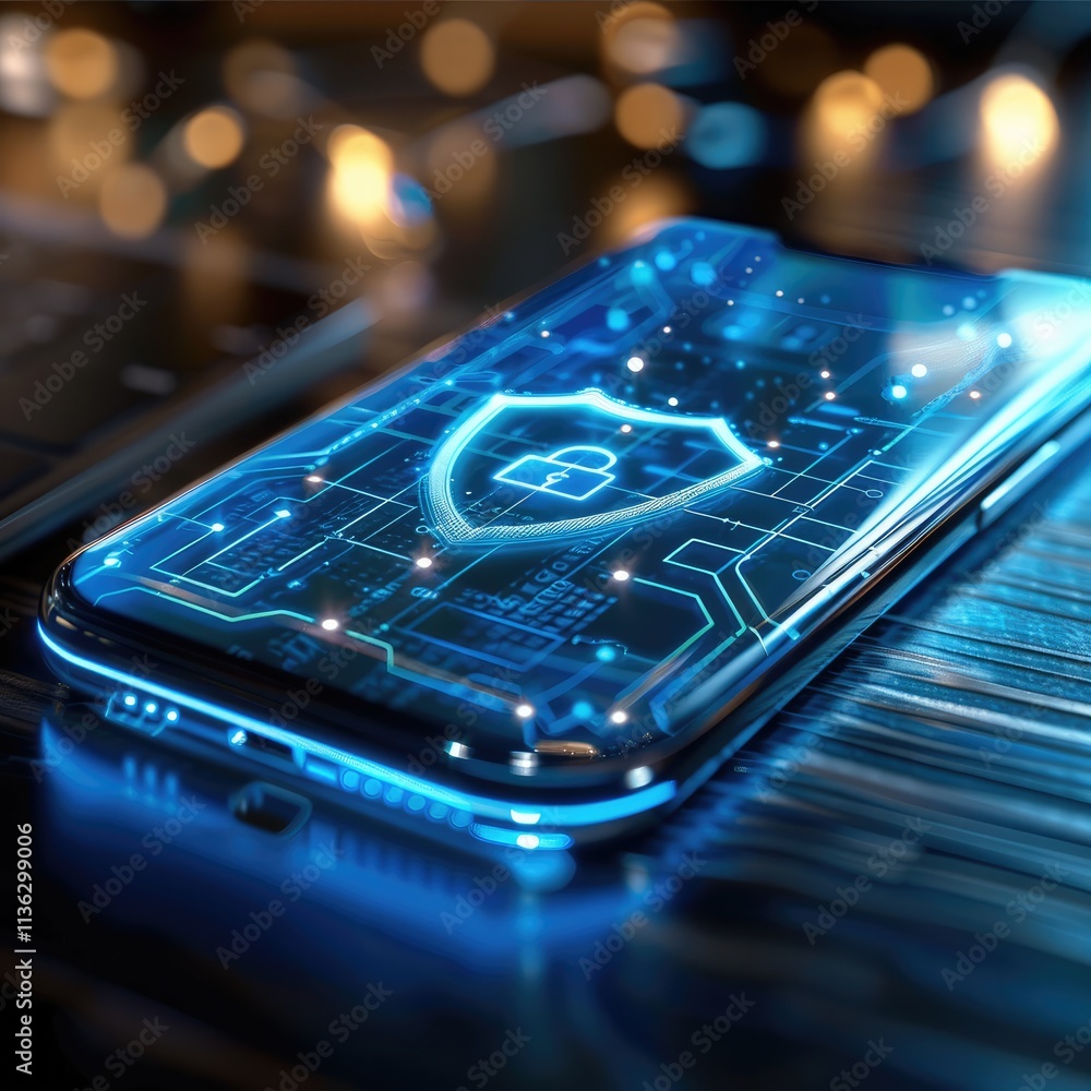 Poster a blue tone holographic shield is protecting the smartphone. expressing security. the smartphone is 