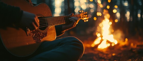 Obraz premium Around a flickering campfire, a musician strums an acoustic guitar in a forested scene, where warmth and melody blend into the dusky evening.