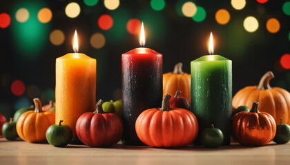 Kwanzaa decorate candles red, black and green, pumpkin, bowl and fruit isolated on light blur bokeh background, Ai generated images