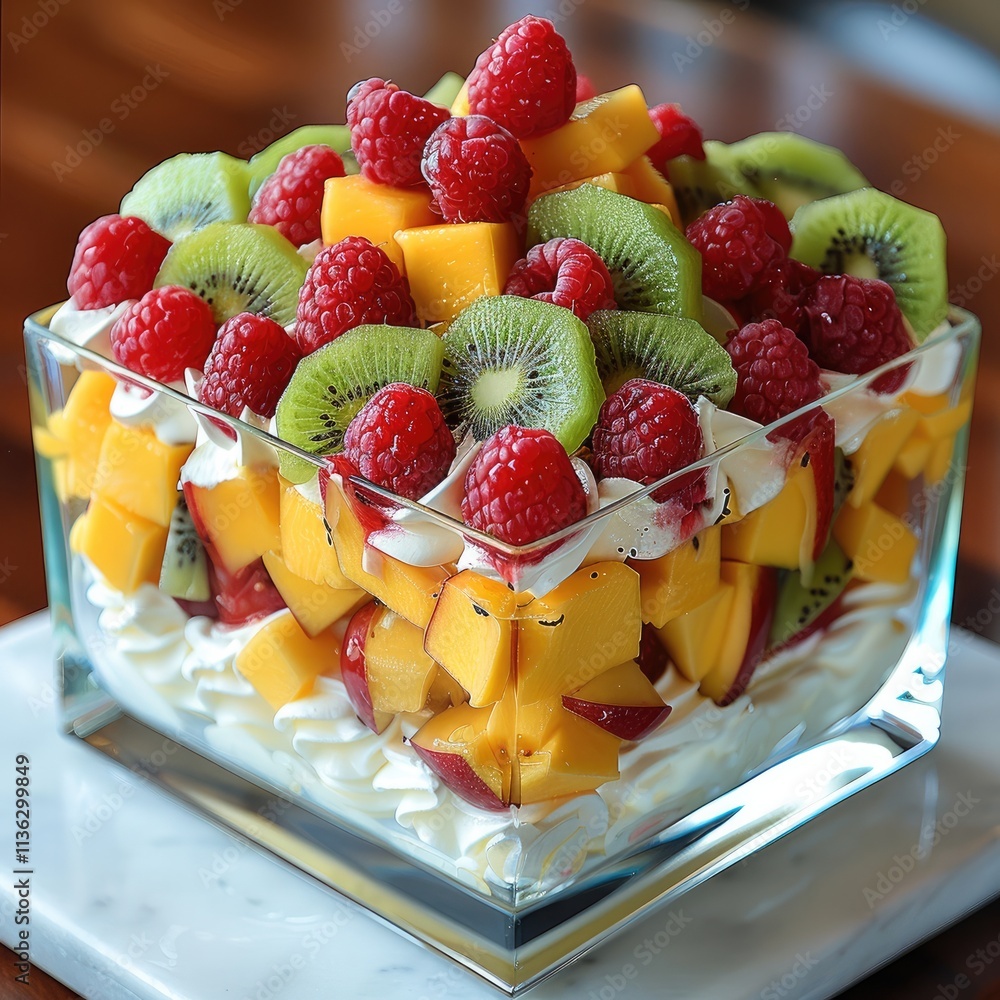 Poster A vibrant and colorful fruit trifle served in a square glass dish, showcasing layers of fresh mango, kiwi, raspberries, and fluffy whipped cream.