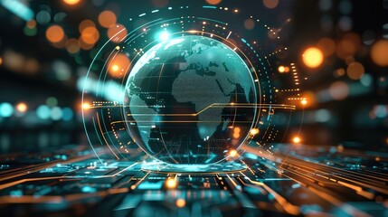 A glowing, holographic globe surrounded by interconnected digital pathways, symbolizing global operations. In the background, innovation and the automotive industry. Dynamic, sleek.
