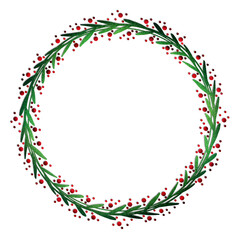 Christmas Wreath with Green Leaves and Red Berries on Transparent Background