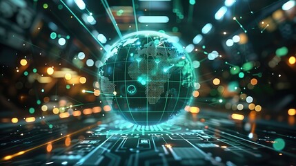 A glowing, holographic globe surrounded by interconnected digital pathways, symbolizing global operations. In the background, innovation and the automotive industry. Dynamic, sleek.