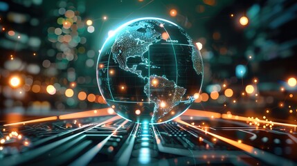 Fototapeta premium A glowing, holographic globe surrounded by interconnected digital pathways, symbolizing global operations. In the background, innovation and the automotive industry. Dynamic, sleek.