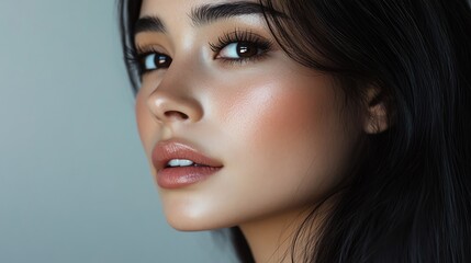Fototapeta premium A woman with long dark hair and natural makeup looks at the camera.