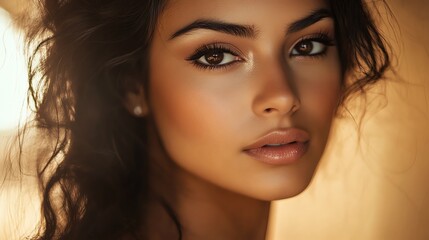 Obraz premium A woman with long, dark hair and subtle makeup looks at the camera.