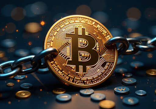 bitcoin logo breaks free digital chains revealing new era cryptocurrency freedom transactions securely stored
