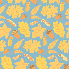 Obraz premium Playful yellow leaves, acorns, and ferns on a light blue backdrop, perfect for nature-themed illustrations and fall-inspired designs