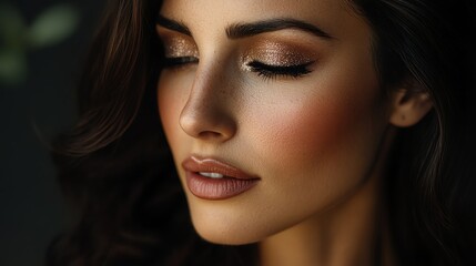 Obraz premium A woman with long dark hair and makeup looks at the camera.