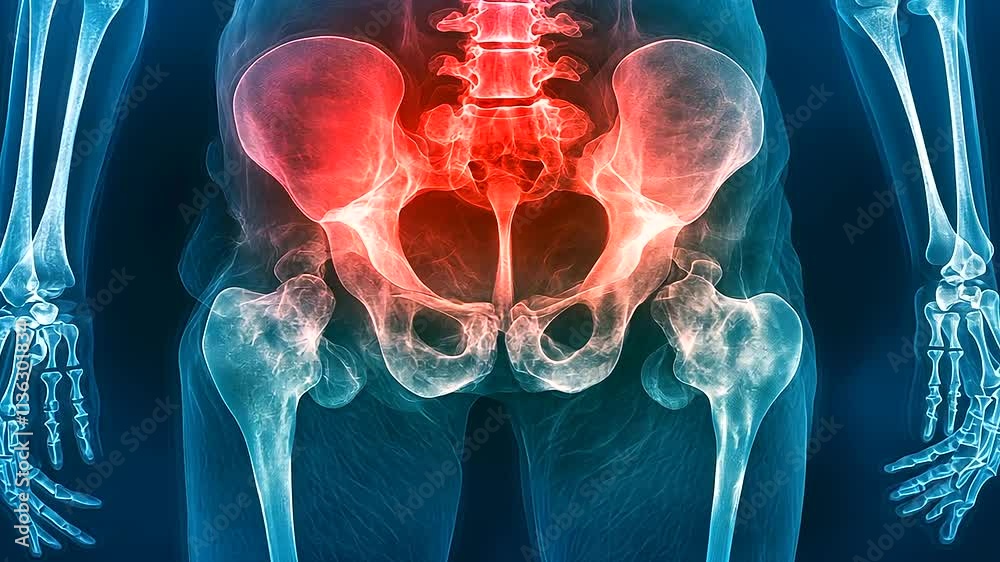 Poster close-up x-ray of a human hip joint, displayed on a blue background with red and yellow highlighting