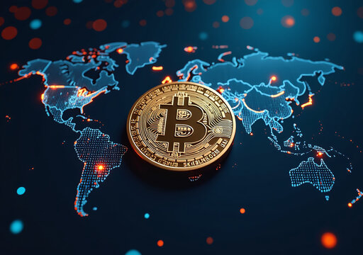 bitcoin digital world map binary code futuristic digital money concepts modern technological